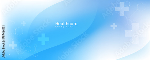 Blue healthcare background with plus signs and molecules.