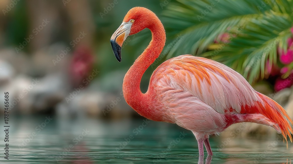Fototapeta premium Bright flamingo stands gracefully by the water in a tropical garden setting during a sunny day