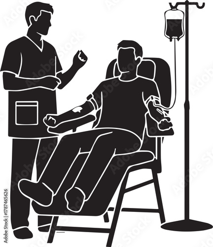 Medical professional assisting patient during blood donation procedure in silhouette style