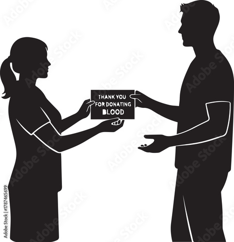 Silhouette of a woman giving a 'thank you for donating blood' sign to a man.