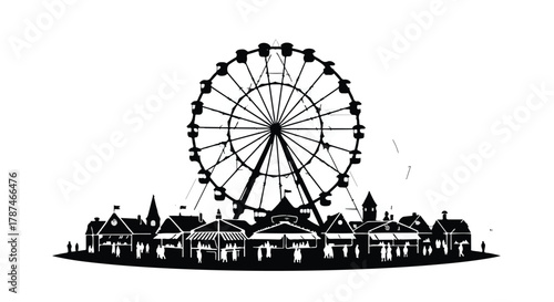 Iconic Ferris wheel towering over a charming amusement park cityscape at dusk.