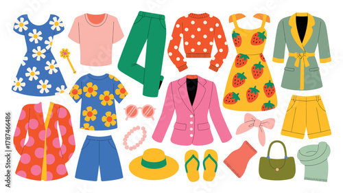 Summer Women’s Clothing Vector. Trendy Outfits, Swimsuits, Dresses, and Fashion Accessories