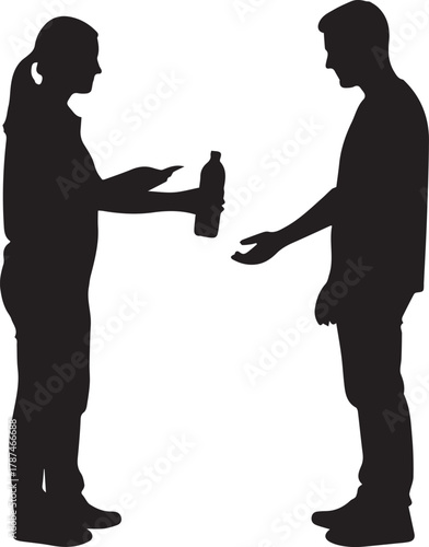Woman offers bottle to man clear silhouette showing helpful gesture and exchange