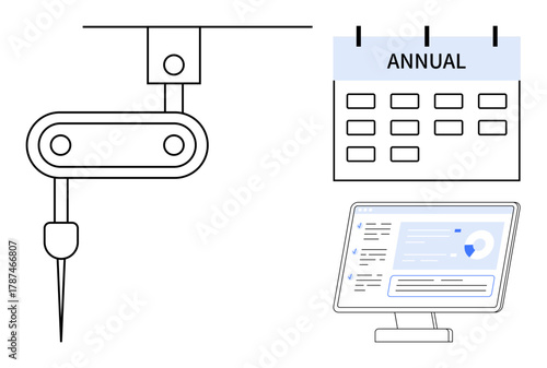 Robotic arm with drill, annual planning calendar, and performance analytics on monitor. Ideal for industry, automation, workflow management, scheduling, data analysis, productivity innovation