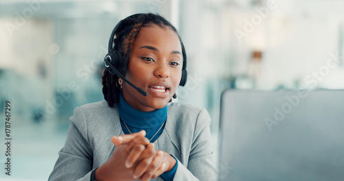 Fotografie Call center, headset and woman with laptop, online or communication with contact for lead generation