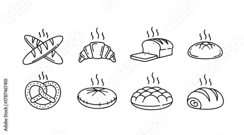 Collection of delicious baked goods and bread items in a charming silhouette style