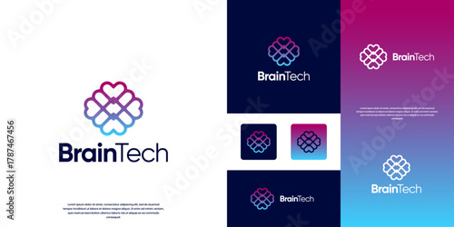 Health technology logo with an abstract concept of the human brain, complex networks, connected, graphic design illustration.