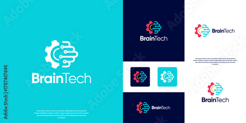 Education logo for the technology work system, featuring a machine gear concept and human brain neural pathways, graphic design template.