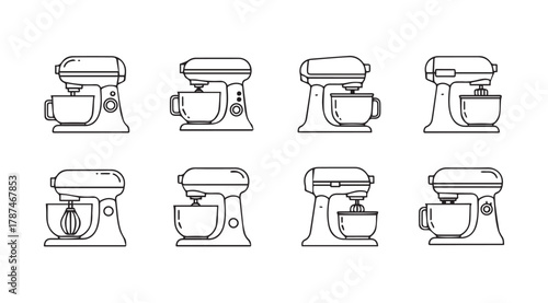 Collection of eight different stand mixer silhouettes for baking and cooking silhouette