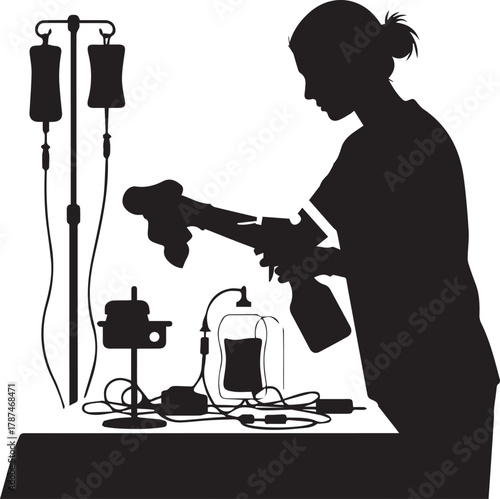 Healthcare professional silhouette preparing medical equipment for patient care and treatment