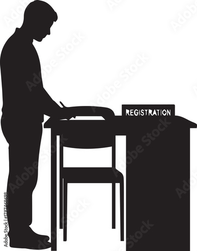 Silhouette of person signing up at a registration desk event or conference indoors