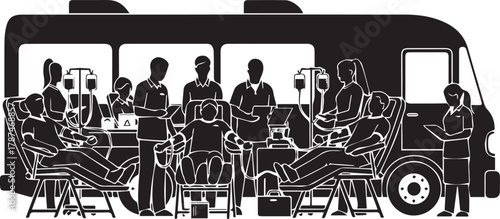 Silhouette of people donating blood inside a mobile blood donation unit van providing a vital service.