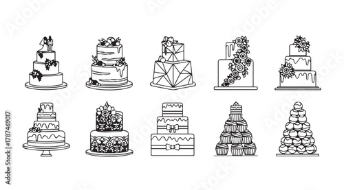 Collection of elegant wedding cake silhouettes with floral decorations silhouette