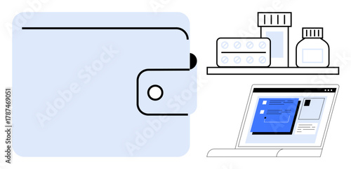Wallet icon, computer screen with data, medical pills, and bottles on a shelf. Ideal for finance, healthcare, e-commerce, technology, health management online transactions simple flat metaphor