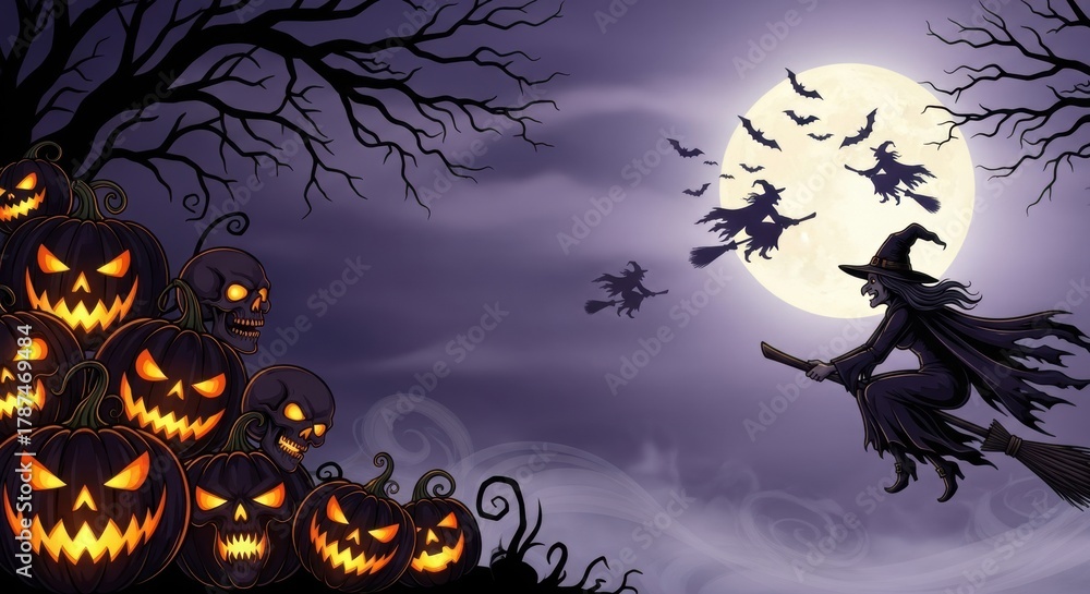 Fototapeta premium Spooky Halloween Night With Witches, Pumpkins and Bats Under a Full Moon, Scary, Creepy, Haunted