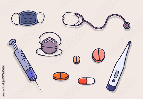 Medical Tools Collection Illustration Featuring Thermometer, Syringe, Stethoscope, Face Masks, and Pills Representing Healthcare Equipment and Daily Medical Essentials for Treatment and Protection