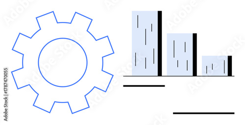 Gear outlining process mechanism beside a three-bar chart showing performance analysis and growth. Ideal for business strategy, analytics, optimization, development, workflow, technology, simple flat