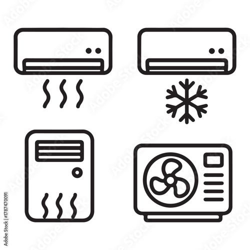 Various air conditioning units heat waves line art vector illustration showcasing and a snowflake symbol