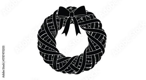 Elegant black Christmas wreath with a decorative bow on a white background