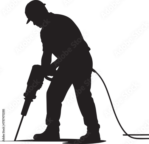 Construction worker silhouette using jackhammer drilling ground on transparent backdrop