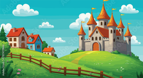 Fairy tale castle with golden spires on hill, colorful houses, wooden fence, lush green landscape, blue sky, whimsical fantasy illustration