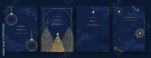 Christmas Luxury gold  invitation card design vector. Christmas pine leaves, snowflake with gold foil and spot texture on navy blue background. Design illustration for cover, print, poster, ads.