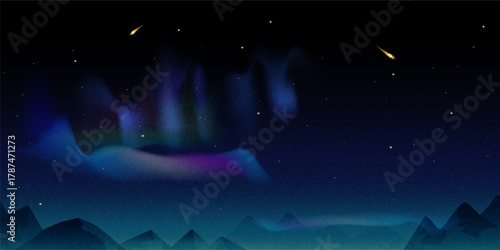 Aurora Borealis night sky Poster with gradient lights, glowing stars, and mountain silhouettes. Arctic Circle. An atmospheric phenomenon of the North Pole. Posters, Banner, Digital design, backgrounds