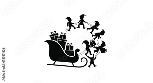 Joyful elves pulling Santa's sleigh filled with gifts in a festive celebration.