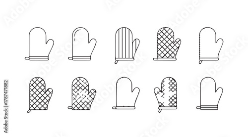 Collection of ten oven mitts in a simple silhouette style for cooking and baking silhouette