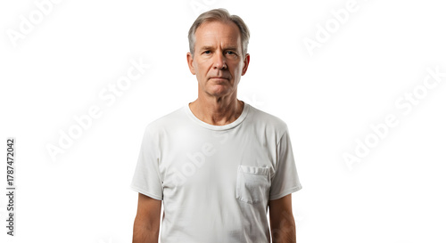 Portrait of a serious older man wearing a white t shirt against a black background in the studio