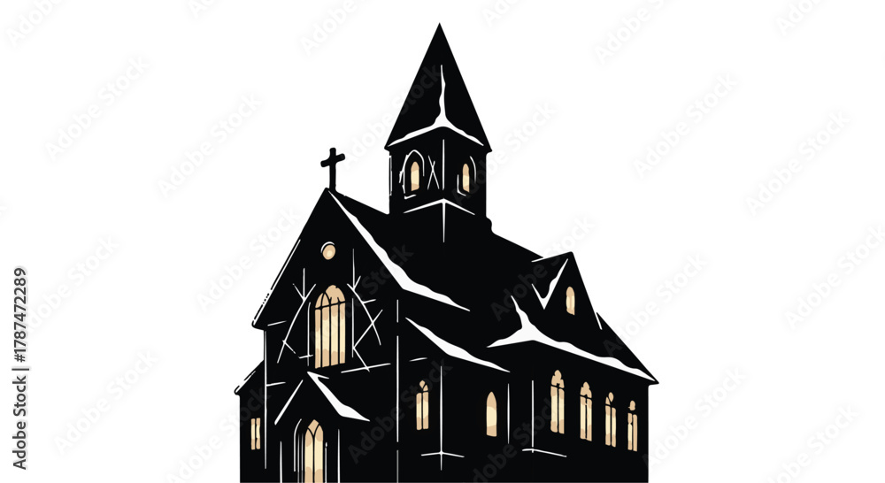 Obraz premium Gothic church silhouette with glowing windows against a white background
