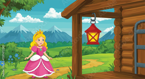 Fairy tale princess outside wooden cabin in scenic countryside with snow mountains, flowers, dirt path, blue sky, cheerful cartoon illustrationFairy tale 