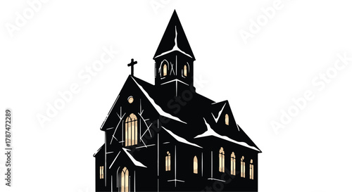 Gothic church silhouette with glowing windows against a white background