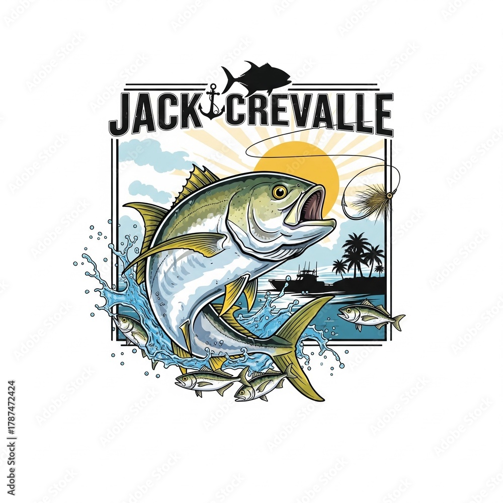 Obraz premium Jack Crevalle as a logo print design on various media such as t-shirts, mugs, hats, tote bags, etc. for various events related to fishing hobbies, vintage cartoon flat design illustrations 