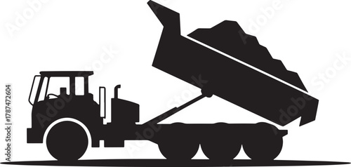 Silhouette of dump truck loading earth on transparent isolated gray backdrop