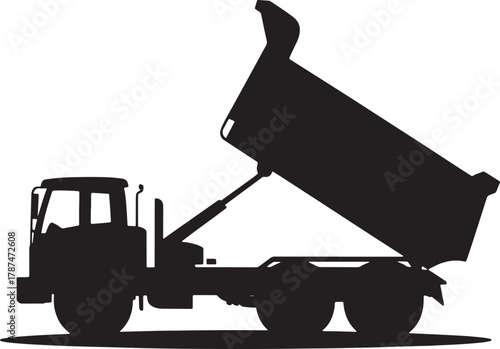 Silhouette of dump truck with empty body raised up on transparent isolated backdrop
