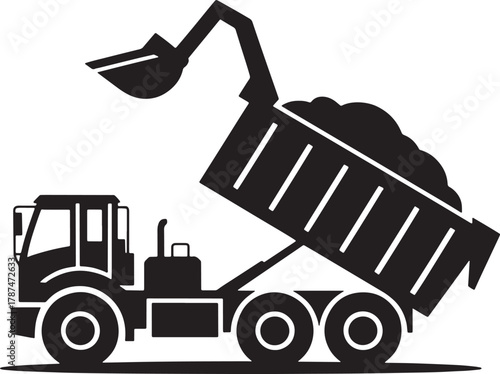 Silhouette of excavator loading gravel on dump truck isolated transparent backdrop