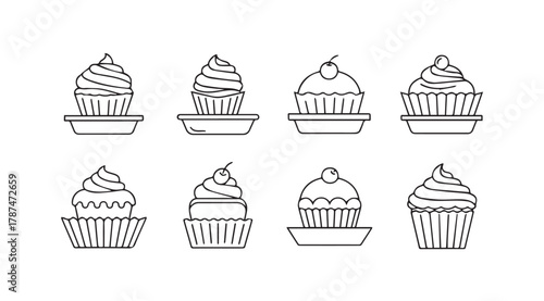 Collection of eight hand drawn cupcake illustrations in a simple black and white silhouette style