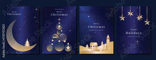 Christmas Luxury gold  invitation card design vector. Christmas pine leaves, snowflake with gold foil and spot texture on navy blue background. Design illustration for cover, print, poster, ads.