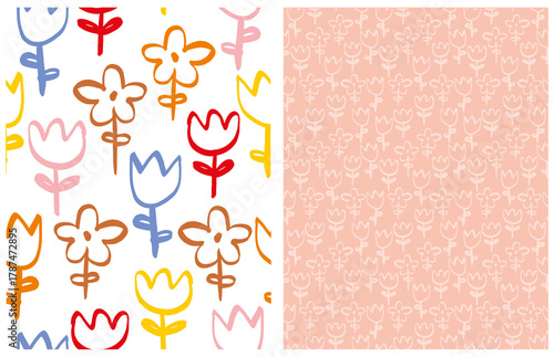 Seamless Floral Vector Patterns – Hand-Drawn, Childish Style, and Monochrome Designs in Playful and Soft Tones. Childish Style Endless Print With Colorful Flowers isolated On a White Background. 