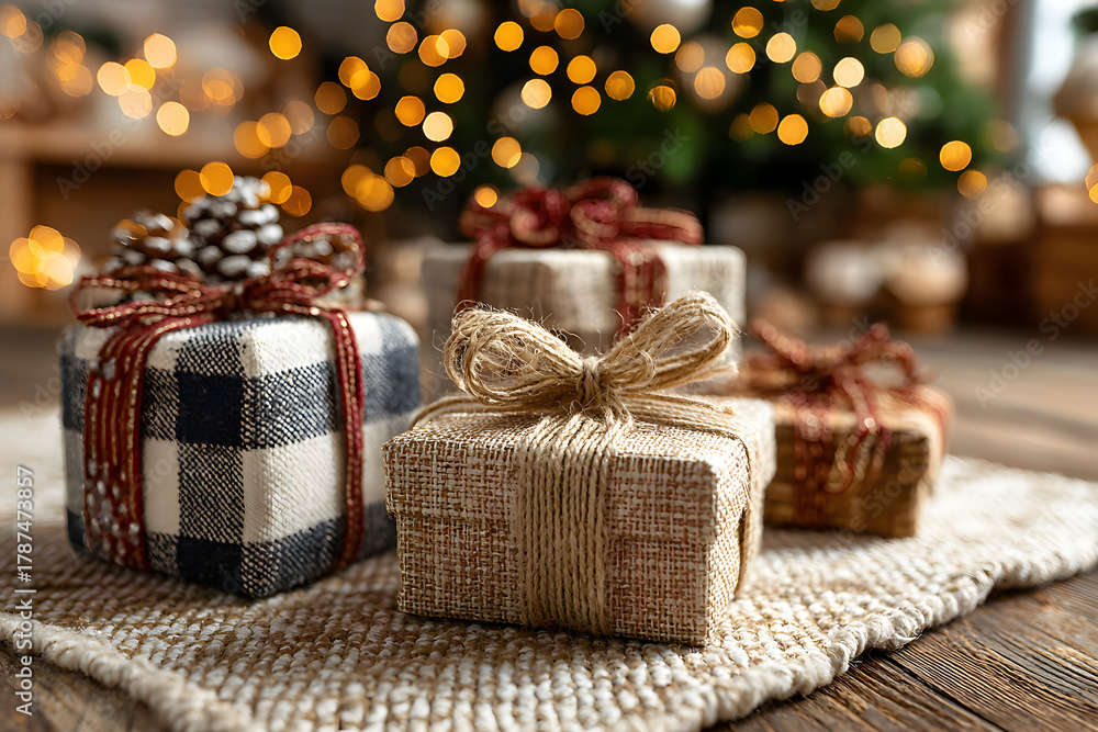 Obraz premium Beautiful Christmas gift boxes on floor near fir tree in room