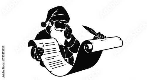 Santa Claus thoughtfully reviewing his gift list with a quill pen