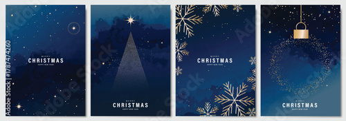 Christmas Luxury gold  invitation card design vector. Christmas pine leaves, snowflake with gold foil and spot texture on navy blue background. Design illustration for cover, print, poster, ads.