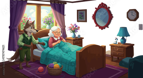 Grandmother knitting in cozy bedroom with friendly wolf, fairytale story illustration, warm sunlight, yarn basket, children fantasy art concept