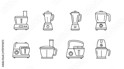 Collection of eight different kitchen appliance silhouettes including blenders and food processors