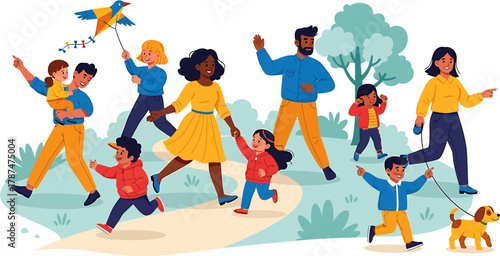 Vibrant community scene depicting diverse families enjoying recreational activities together in a lush park, fostering bonds and happiness through shared outdoor experiences