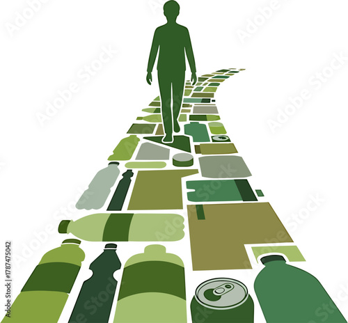 A person walking on a path made of recycled materials, symbolizing environmental responsibility and a sustainable future