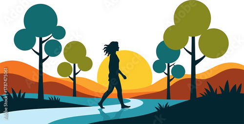 Silhouette Stroll Woman Walking Near River at Sunset Illustration