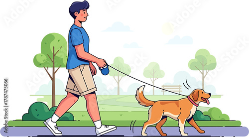 A young person taking their friendly dog for a refreshing walk in a beautiful green park, showcasing daily exercise, pet companionship, and outdoor leisure