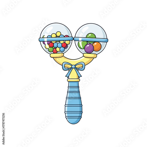 Baby rattle toy with colorful balls inside vector illustration for newborn gifts isolated on white background